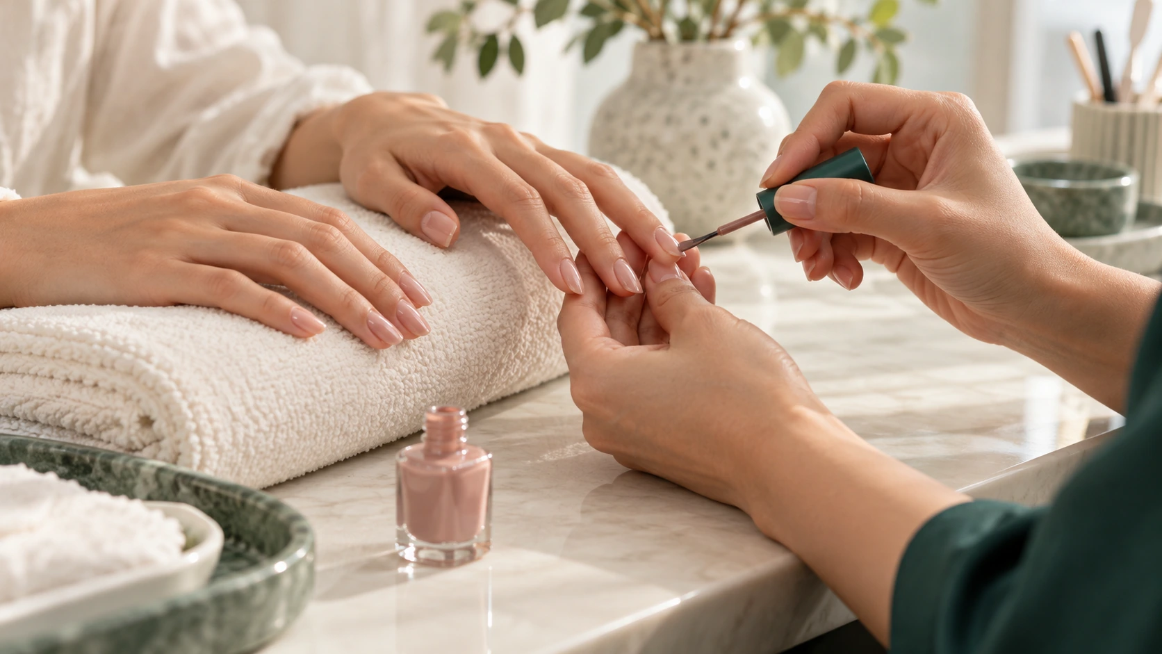 Illustrative close-up of a technician carefully painting a client's nails